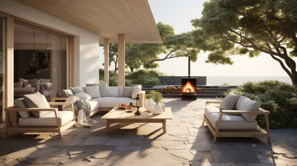 Fototapeta na wymiar Scandinavian Outdoor Lounge A seamless transition between indoors and outdoors with sliding glass doors, outdoor furnishings, and garden views
