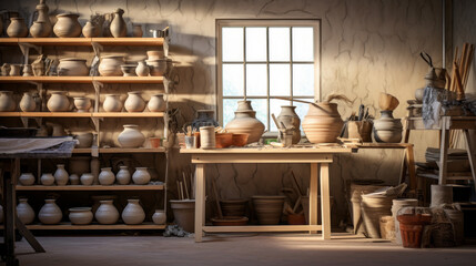 Fototapeta premium Scandinavian Potters' Studio A workspace for pottery and ceramics enthusiasts, complete with a potter's wheel, kiln, and artisanal pottery