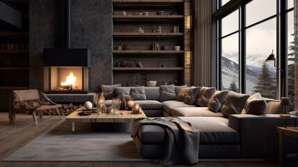 Scandinavian Ski Cabin Inspired by ski cabins in the Alps, this room features wooden paneling, a roaring fireplace, and plush seating for après-ski relaxation - obrazy, fototapety, plakaty