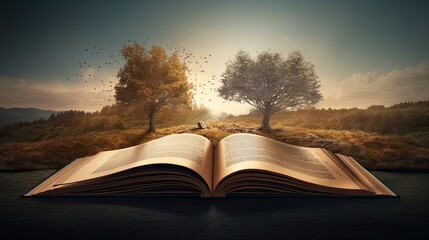 open book with trees in the background, ecological concept