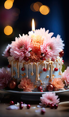 Muffin with a candle on a blurred background.