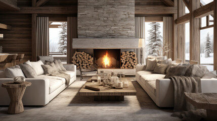 Scandinavian Ski Chalet Lounge A ski chalet-inspired room with wooden accents, fur throws, and vintage ski decor - obrazy, fototapety, plakaty