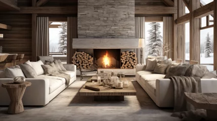Fotobehang Scandinavian Ski Chalet Lounge A ski chalet-inspired room with wooden accents, fur throws, and vintage ski decor © Textures & Patterns