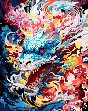 Vector close-up of dragon painting, dragon oil painting, very complex and colorful, rich in color and rich in detail, majestic Japanese dragon, 'dragon breathing fire' painted in bright watercolors