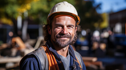Poised architect, exuding confidence and success with folded arms at a construction site, a blueprint in the backdrop, embodying positivity and assurance.