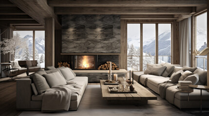 Scandinavian Ski Chalet Lounge A ski chalet-inspired room with wooden accents, fur throws, and vintage ski decor