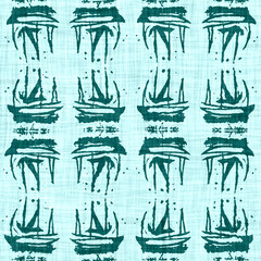 Teal blue white vibrant watercolor batik azulejos tile border banner background. Seamless coastal blur linen effect geometric mosaic effect. Patchwork nautical masculine summer ribbon trim. 