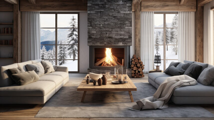 Scandinavian Ski Chalet Warm wood, fur throws, and a stone fireplace give a ski lodge vibe A sectional sofa and a log coffee table complete the cozy ambiance  - obrazy, fototapety, plakaty