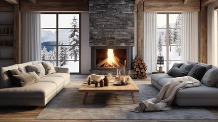 Gordijnen Scandinavian Ski Chalet Warm wood, fur throws, and a stone fireplace give a ski lodge vibe A sectional sofa and a log coffee table complete the cozy ambiance  © Textures & Patterns