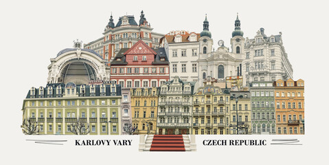 Fototapeta na wymiar The old building facades in Karlovy Vary, Czech Republic. Collage or art design