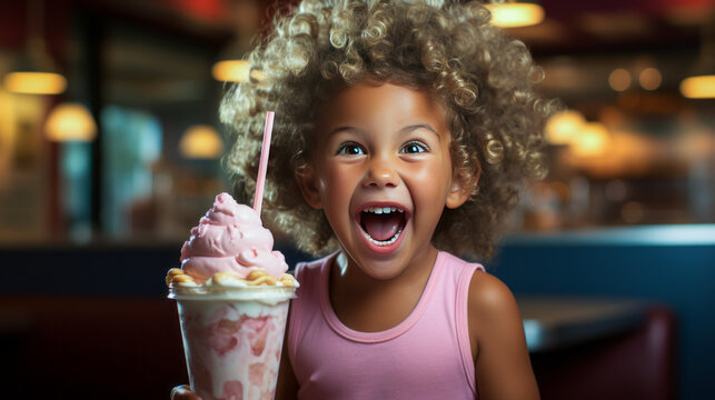 Infectiously ecstatic child jubilantly sipping on a luscious milkshake, exuberance and sheer delight painted across his grinning face. Key elements: joy, dessert indulgence.