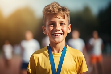 Joyful Boy Celebrating Sports Victory with Medal