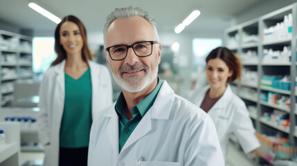 Fototapeta premium Pharmacy team collaboratively ensuring efficient operations and customer satisfaction