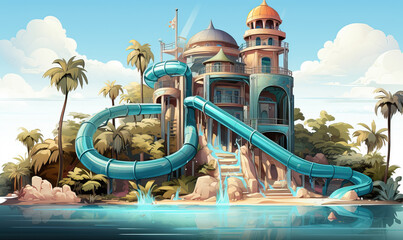 Illustration of a children's aquapark with water slides.