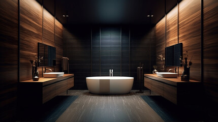 modern bathroom, in the style of moody and atmospheric, wood, illuminated interior, zen-inspired	