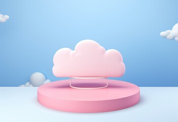 Cake shape product presentation stage podium with cotton candy on pastel color background.