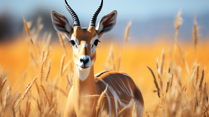 African Wildlife Beauty. Springbok in the Tall Yellow Grass. Generative AI - obrazy, fototapety, plakaty