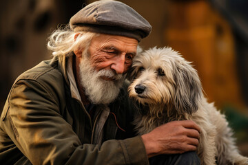 Old man senor hugs his beloved dog. Petlove concept