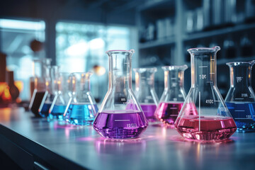 Test tubes and beakers in a biological laboratory with colored liquids closeup