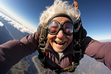 old woman senora flies on parachute in the sky, enjoys life