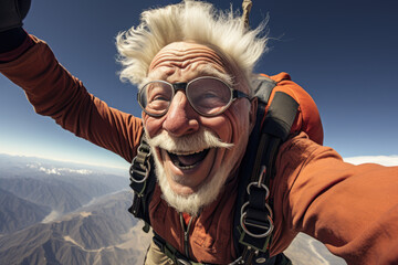 old man flies on parachute, young at heart concept