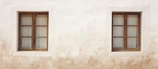 The photo shows two wooden windows with contrasting size and color against a white wall creating visual appeal