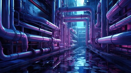 Pipes and valves in the factory background. Pink purple and violet blue color cyberpunk theme. Innovation technology and business industrial concept. - obrazy, fototapety, plakaty