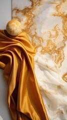 Golden marble fabric accented with rich honey-colored lace, capturing luxury and affluence. Vertical orientation.