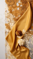 Golden marble fabric accented with rich honey-colored lace, capturing luxury and affluence. Vertical orientation.