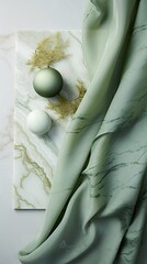 Jade marble fabric alongside matching green lace, exuding calmness and serenity. Vertical orientation. 