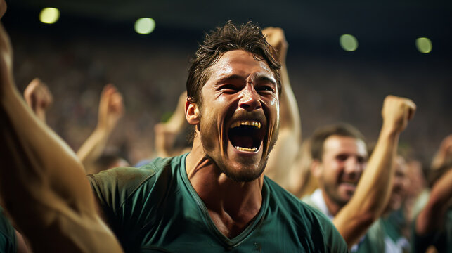 Exuberant Irish rugby player in victory celebration, hands raised, jubilant expression on the field with ball. A thrilling portrayal of athletic triumph. - Powered by Adobe
