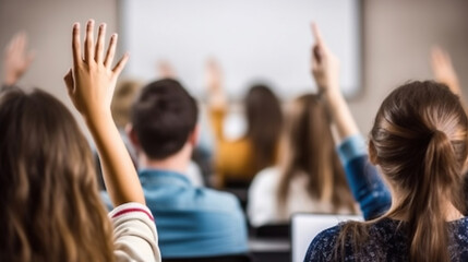 A Female hand raised in university classroom. Generative AI