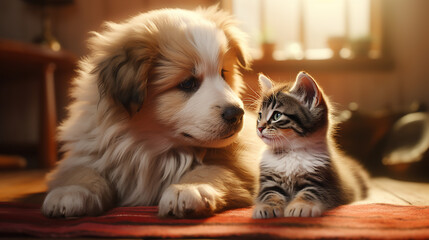 Fototapeta na wymiar Golden retriever puppy and cut cat