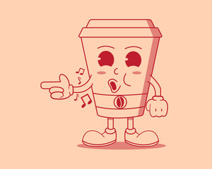 Retro cartoon cup of coffee whistle. Mascot design template. Vector illustration