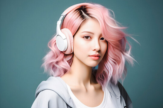 Young Cute Woman With Fashionable Hairstyle With Pink Hair Of Japanese And Asian Appearance Listening To Music And Podcast