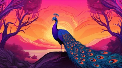 Happy Diwali Poster with Peacock Illustration. Indian festival of lights Design. Suitable for Greeting Card, Banner, Flyer, Template, Wallpaper, Background, Book Illustration, Web Landing Page. - obrazy, fototapety, plakaty
