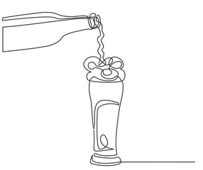 The process of pouring beer into a glass. Pours beer from a bottle into a glass. Line art, vector continuous line drawing. Black and white illustration.