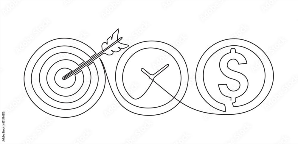 Aufkleber continuous one line drawing of dollar sing,dart board and clock. startup idea creative imagination j