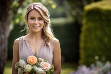 30 year old smiling bridesmaid posing outdoors.
