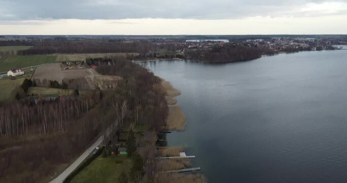 Drone aerial view Village on Czaplinek city in Poland near a lake where is also a camping spot
