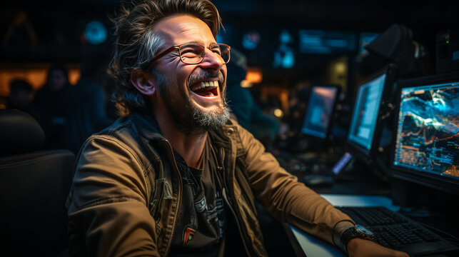 Exuberant programmer ecstatically pumping fist in triumph, surrounded by a computer keyboard and code, embodying sheer enthusiasm and skill in software development.