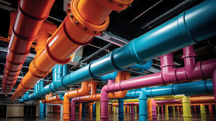 Colorful Industrial Ceiling Pipes Complexity and Aesthetic in the underground basemant. Generative AI