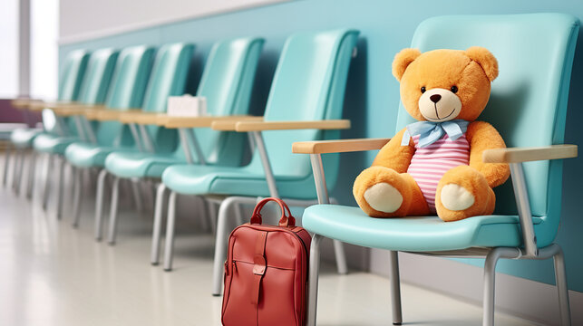 Cute teddy bear on blue chairs in waiting room of children's medical center or pediatric clinic. Concept of kids' see pediatrician or family doctor. Generative AI