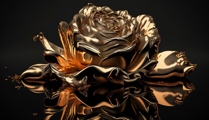 A rose made out of the liquid gold on black background. Liquid metal flower. Design asset