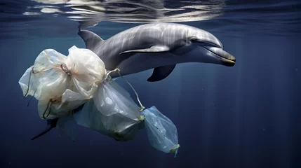 Schilderijen op glas Bottlenose dolphin gets entangled in garbage and plastic bags in the sea © Daria17
