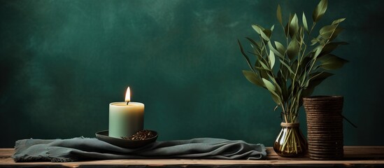 Basket of eucalyptus matches and two candles set on a wooden table