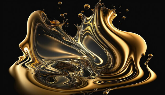 The drips of liquid metal on black background. Drops and specks of gold. Metal background.
