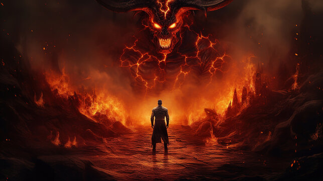 A demon with horns stands in hell among the flames