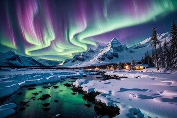 Aurora Borealis or Northem Light green and purple in the night sky, 
Aurora view in winter snowy...