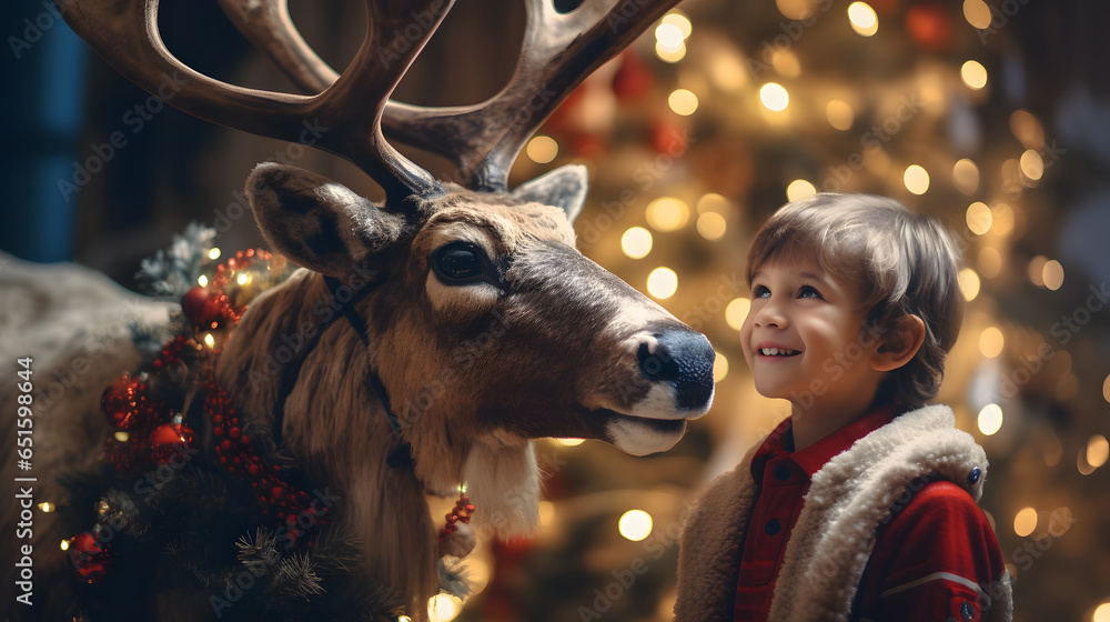 Wall mural child in a fantastic Christmas concept of friendship and love with others at Christmas